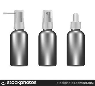 Silver bottles set for cosmetics or medical needs. Sprayer and dropper jars with white caps.. Silver bottles set for cosmetics or medical needs.