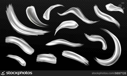 Silver brush strokes, metal paint smears, grey or white colored metallic texture stains. Hand drawing shiny smudges, luxury design elements isolated on transparent background, Realistic 3d vector set. Silver brush strokes, metal paint smears isolated
