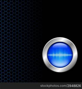 Silver button with blue sound wave sign on hex grid