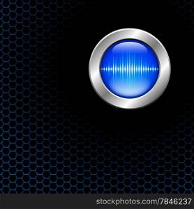 Silver button with blue sound wave sign on hex grid