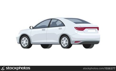 Silver car semi flat RGB color vector illustration. Luxury and elegant white automobile. Urban means of transport. Back, side view. Isolated cartoon character on white background. Silver car semi flat RGB color vector illustration