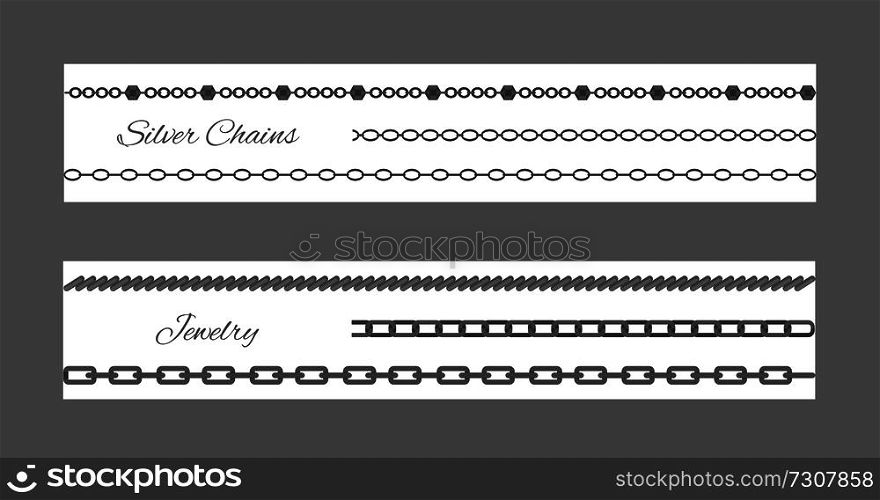 Silver chains and jewelry, cards set with headlines and text sample, ornaments and types of jewellery items, vector illustration isolated on grey. Silver Chains and Jewelry Set Vector Illustration