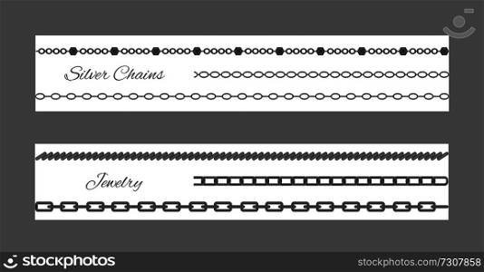 Silver chains and jewelry, cards set with headlines and text sample, ornaments and types of jewellery items, vector illustration isolated on grey. Silver Chains and Jewelry Set Vector Illustration