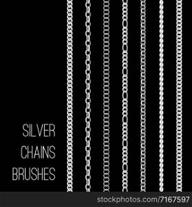 Silver chains. Vector metal chain brushes set isolated on black background, seamless stable steel links for necklace or security. Silver chains set isolated on black