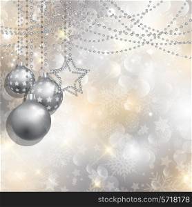 Silver Christmas background with hanging baubles