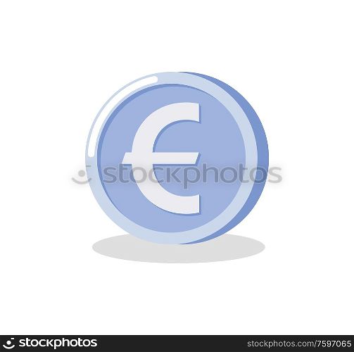 Silver circle euro, flat design style of coin with shadow, tax element, marketing and investment object, one round money on white, payment vector. Round Silver Money, Euro Coin, Banking Vector