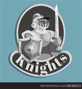 Silver color metal emblem with medieval knight with shield and sword vector illustration. Knight Metal Emblem