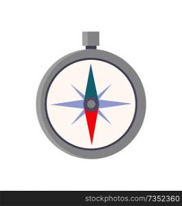 Silver compass isolated on white colorful icon, vector illustration of round navigation tool with blue and red arrows, nautical and orientation device. Silver Compass Isolated on White Colorful Icon