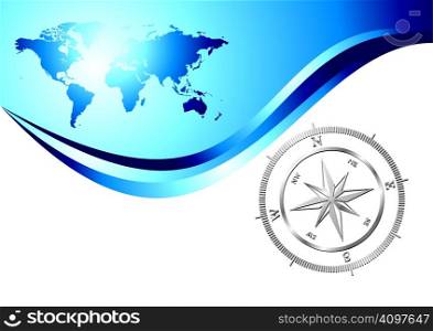 Silver compass with world map background, vector illustration