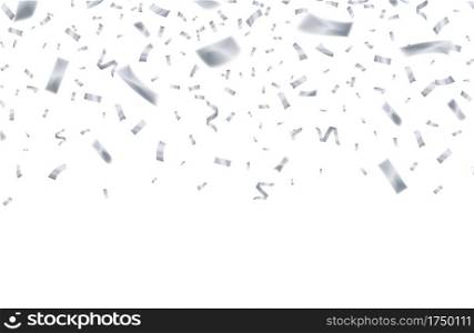 Silver confetti. Celebrate birthday flying silver ribbons. Party holiday decor isolated vector background. Sparkle silver tinsel, bright serpentine surprise confetti illustration. Silver confetti. Celebrate birthday flying silver ribbons. Party holiday decor isolated vector background