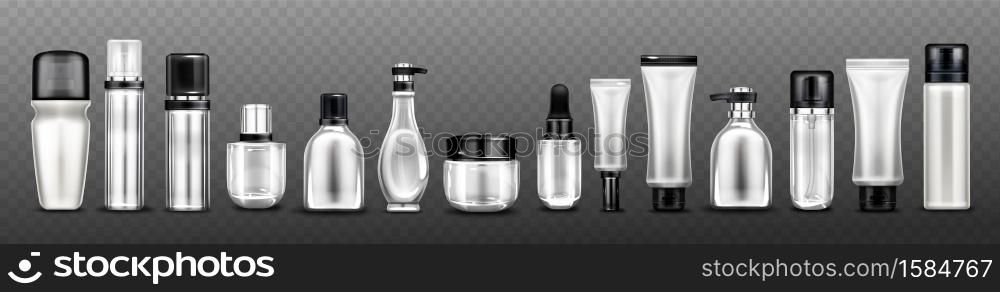 Silver cosmetic bottles, jars and tubes for cream, spray, lotion and beauty products. Vector realistic mockup of blank glass and plastic golden package with black cap isolated on transparent background. Vector mockup of silver cosmetic bottles and tubes
