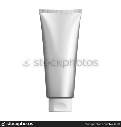Silver cosmetic tube mockup. Plastic packaging for cosmetology cream product. 3d pack design for ointment or gel. Realistic mock up illustration for tooth paste or foam. Silver cosmetic tube mockup. BB cream packaging