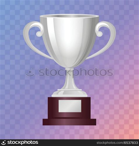 Silver Cup on Big Base with Light Blue Background. Silver cup on big base. Real award. 3d icon. Contemporary great shiny and glossy, brightly trophy on brown base. Win. Achievement. Flat design. Vector illustration