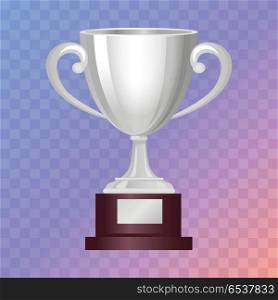 Silver Cup on Big Base with Light Blue Background. Silver cup on big base. Real award. 3d icon. Contemporary great shiny and glossy, brightly trophy on brown base. Win. Achievement. Flat design. Vector illustration