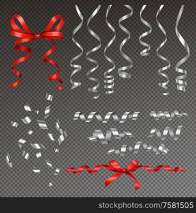 Silver curled ribbons of serpentine realistic set with red and white ribbon images on transparent background vector illustration