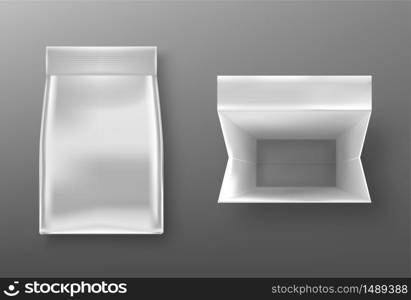Silver doy pack, pouch paper or foil bag top and front view. Close and open sachet with clip isolated on grey background. Food, cosmetic product blank package mock up. Realistic 3d vector illustration. Silver doy pack, pouch paper or foil bag mockup