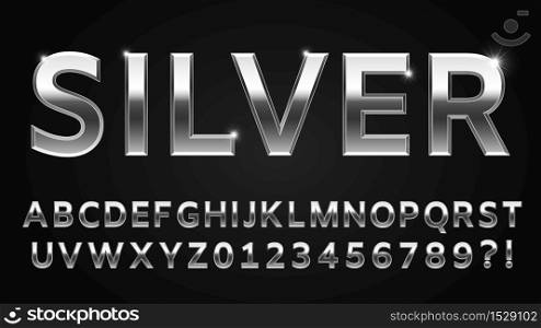 Silver font style. Metallic alphabet, numbers, question and exclamation marks. Shinning latin letter isolated on dark background, English abc with glowing effect vector illustration. Silver font style. Metallic alphabet, numbers, question and exclamation marks. Shinning abc latin letter