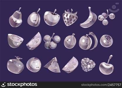 Silver fruit and berries game icons. Food signs of apple, blueberry, plum for gambling slot machine in casino. Vector cartoon set of metal pear, orange, banana, peach, watermelon, cherry. Silver fruit and berries game icons