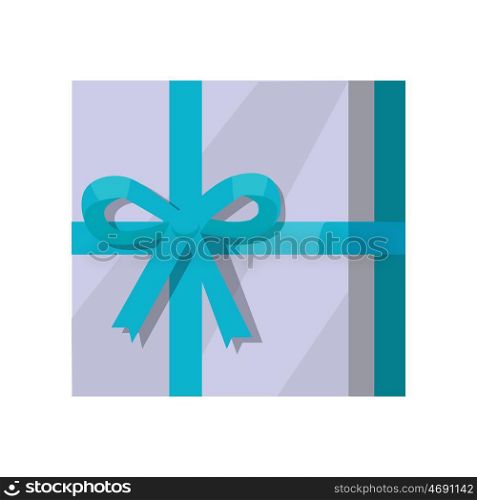 Silver Gift Box with Green Ribbon. Single gray gift box with green ribbon in flat design. Beautiful present box with overwhelming bow. Gift box icon. Gift symbol. Christmas gift box. Isolated vector illustration