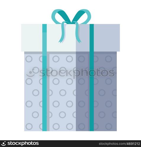 Silver Gift Box with Green Ribbon. Single gray gift box with green ribbon in flat design. Beautiful present box with overwhelming bow. Gift box icon. Gift symbol. Christmas gift box. Isolated vector illustration