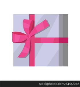 Silver Gift Box with Pink Ribbon. Single gray gift box with pink ribbon in flat design. Beautiful present box with overwhelming bow. Gift box icon. Gift symbol. Christmas gift box. Isolated vector illustration