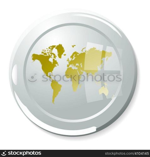 Silver glass paper weight with light reflection and gold world