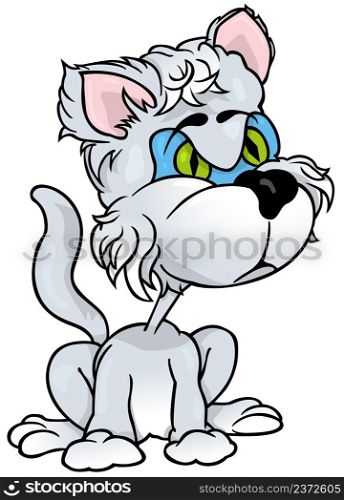 Silver-gray Furry Kitty with Green Eyes - Colored Cartoon Illustration Isolated on White Background, Vector