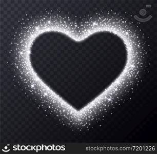 Silver heart frame with sparkles and flares, abstract luminous particles, white stardust light effect isolated on a dark background. Xmas glares and sparks. Luxury backdrop. Vector illustration.. Silver heart frame with sparkles and flares, abstract luminous particles, white stardust light effect