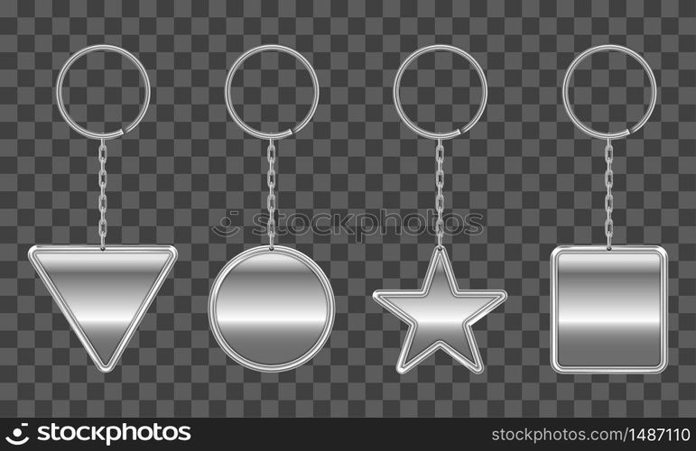 Silver keychain, holder trinket for key with metal chain and ring. Vector realistic template of steel fobs different shapes isolated on transparent background. Blank accessory for corporate identity. Vector steel keychain, holder for key with chain