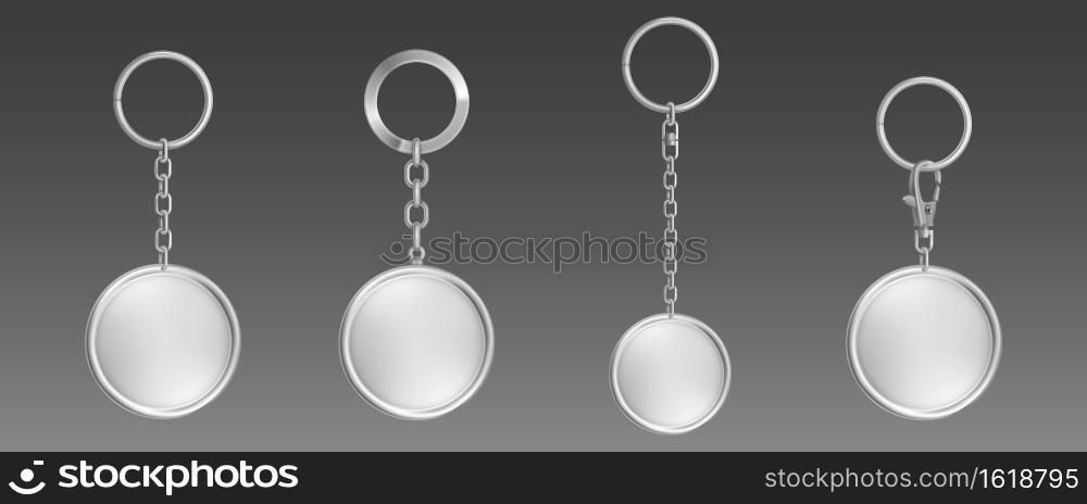 Silver keychain, holder trinket for key with metal chain and ring. Vector realistic template of steel fobs round circle shape isolated on transparent background. Blank accessory for corporate identity. Vector steel keychain, holder for key with chain