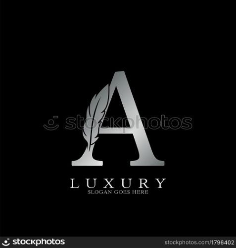 Silver Luxury Feather Initial Letter A Logo Icon, creative alphabet vector design concept.