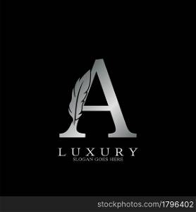 Silver Luxury Feather Initial Letter A Logo Icon, creative alphabet vector design concept.