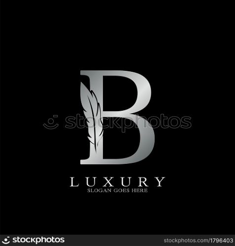 Silver Luxury Feather Initial Letter B Logo Icon, creative alphabet vector design concept.