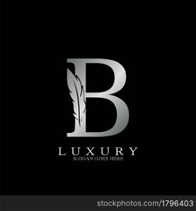 Silver Luxury Feather Initial Letter B Logo Icon, creative alphabet vector design concept.
