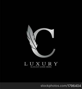 Silver Luxury Feather Initial Letter C Logo Icon, creative alphabet vector design concept.