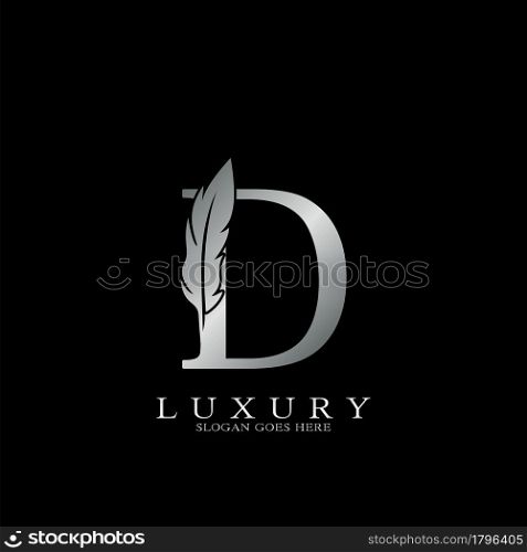 Silver Luxury Feather Initial Letter D Logo Icon, creative alphabet vector design concept.