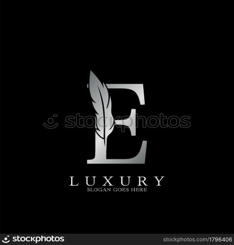 Silver Luxury Feather Initial Letter E Logo Icon, creative alphabet vector design concept.