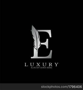 Silver Luxury Feather Initial Letter E Logo Icon, creative alphabet vector design concept.