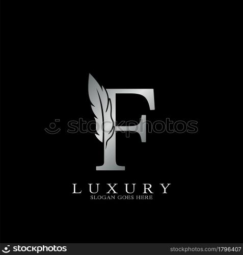 Silver Luxury Feather Initial Letter F Logo Icon, creative alphabet vector design concept.