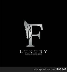 Silver Luxury Feather Initial Letter F Logo Icon, creative alphabet vector design concept.