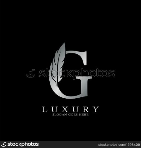 Silver Luxury Feather Initial Letter G Logo Icon, creative alphabet vector design concept.