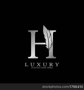 Silver Luxury Feather Initial Letter H Logo Icon, creative alphabet vector design concept.