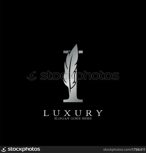 Silver Luxury Feather Initial Letter I Logo Icon, creative alphabet vector design concept.