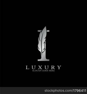 Silver Luxury Feather Initial Letter I Logo Icon, creative alphabet vector design concept.