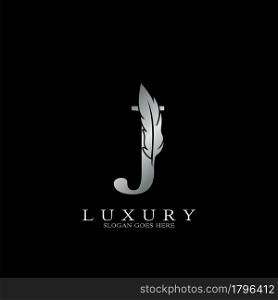 Silver Luxury Feather Initial Letter J Logo Icon, creative alphabet vector design concept.