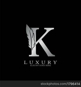 Silver Luxury Feather Initial Letter K Logo Icon, creative alphabet vector design concept.
