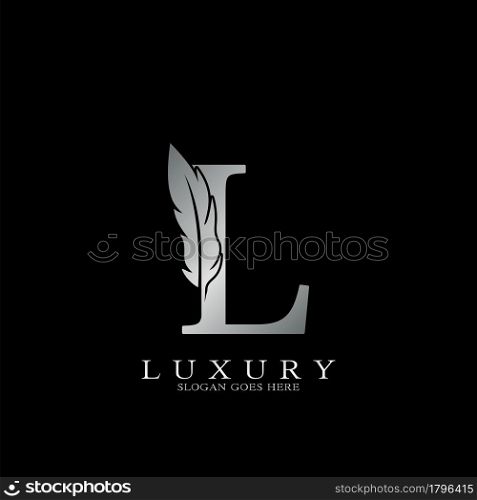 Silver Luxury Feather Initial Letter L Logo Icon, creative alphabet vector design concept.