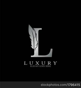 Silver Luxury Feather Initial Letter L Logo Icon, creative alphabet vector design concept.