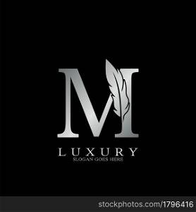 Silver Luxury Feather Initial Letter M Logo Icon, creative alphabet vector design concept.