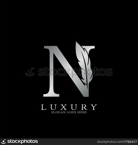 Silver Luxury Feather Initial Letter N Logo Icon, creative alphabet vector design concept.
